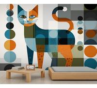 Mid Century Cat Wallpaper Abstract Cat Office Wallpaper Modern Art Geometric Collage Style Wall Mural Textured Kids for Bedroom Large Artwork Living Room Mural Sofa TV Background Decor 300X240cm