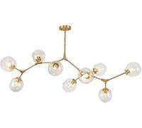 Mid Century Chandelier Antique Brass E27 Ceiling Light Fixture, 9-Head Sputnik Design with Amber Glass Lampshades, Modern Home Lighting Decoration