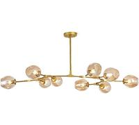 Mid Century Chandelier Antique Brass E27 Ceiling Light Fixture, 9-Head Sputnik Design with Amber Glass Lampshades, Modern Home Lighting Decoration