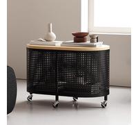 Mid-Century French Mobile Coffee Table on Wheels Solid Wood Top & Iron Finish Stylish End Table for Living Room & Office Modern Black Design