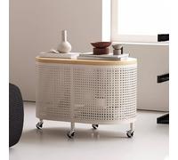 Mid-Century French Mobile Coffee Table with Wheels Solid Wood Top & Iron Finish - Stylish White End Table for Living Room & Office Storage Solutions