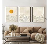 Mid Century Geometric Wall Art Minimalist Mountain Line Art Beige Boho Posters Abstract Sun Picture Boho Mountain Painting Yellow Sun Poster Modern Neutral Artwork for Living Room 16x24inx3 No Frame