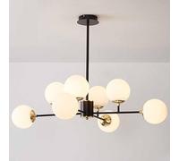 Mid-Century Glass Globes Chandelier Multiple Glass Ceiling Pendant Lighting Black Metal Adjustable Height Chandelier for Living Room, Dining Room, Bedroom, Kitchen,White Glass,8-Head