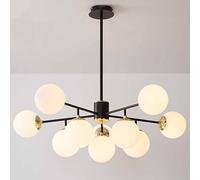 Mid-Century Glass Globes Chandelier Multiple Glass Ceiling Pendant Lighting Black Metal Adjustable Height Chandelier for Living Room, Dining Room, Bedroom, Kitchen,White Glass,10-Head
