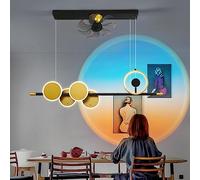 Mid Century Linear Chandelier Ceiling Fan Light with Remote Winter Summer Blue Sunset Projection Lamp Black Gold Ceiling Long, 6 Gear Speed, Dining Room Living Room Bedroom