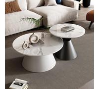 Mid-Century Marble Circle Coffee Table Set of 2, Stackable Nesting Tea Tables with Carbon Steel Base, Spacious Desktop, Modern Home Furniture for Living Room