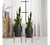 Mid Century Metal Planter, Set of 2 Flower Pot, Modern Decorative Metal Pots for Plants with Foldable Stand Indoor Outdoor, Black Planter with Golden Plant Stand,8 inch and 10inch Tall