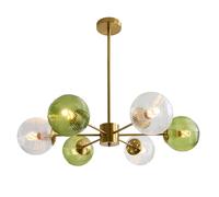 Mid Century Modern 6-Light Clear Globe Pendant Chandelier - Bubble Glass Ceiling Fixture with Ribbed Design & Brushed Brass Finish for Dining Room Kitchen or Living Room