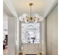 Mid Century Modern 6-Light Gold Sputnik Chandelier - Vintage Green Ceiling Fixture with Brushed Brass and Glass Globes for Bedroom Hallway Dining Room Lighting
