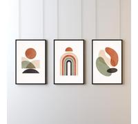 Mid-Century Modern Abstract Wall Art Set of 3 - A3 Framed Geometric Prints - Terracotta Beige Sage Green Scandinavian Decor - Modern Living Room Wall Art - Ready to Hang