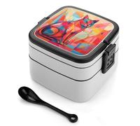 Mid Century Modern Art Cat Bento Box with Spoon & Handle - 2 Compartment Leak-Proof Stackable Lunch Box for Adults, BPA-Free Reusable Food Containers for Work, Travel, Picnic