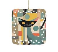 Mid-Century Modern Art Cat Ceramic Christmas Ornament Xmas Tree Hanging Pendant Double Sided Pattern Festive Square Ornament Holiday Home Party Decoration Gifts