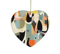 Mid-Century Modern Art Cat Ceramic Christmas Ornaments Double Sided Porcelain Hanging Heart Pendant for Xmas Tree, Holiday Home Decor and Gift Party Decorations
