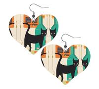 Mid-Century Modern Art Cat Elegant Leather Heart-Shaped Earrings-Fashionable And Unique Accessories For Everyday Wear