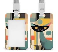 Mid-Century Modern Art Cat ID Badge Holder - Retractable Badge Reel, Vertical Card Name Tag Holder with Breakaway Lanyard, ID Cards Holders Case for Nurse Security Staff Women Men