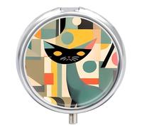 Mid-Century Modern Art Cat Pill Box 3 Compartment Travel Pill Organizer with Small Mirror Portable Pillcase for Pocket & Purse Cute Round Medicine Case Weekly Medicine Container