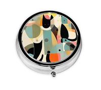 Mid-Century Modern Art Cat Portable Round Pill Box, can fit into Wallet Pocket Lightweight 3 Compartment Pill Box, Carry Pill Box with You