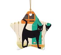 Mid-Century Modern Art Cat -Print Ceramic Star Shaped Pendants - Handmade Porcelain Ornaments Gold String For Christmas Home Decor.