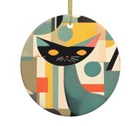 Mid-Century Modern Art Cat Print Christmas Tree Ceramic Hanging, Ceramic Christmas Ornament For Home, Mall, Holiday