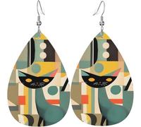 Mid-Century Modern Art Cat Print Leaf Shape Drop Earrings Heart-Shaped PU Leather Earrings For Valentine Day