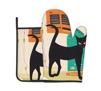 Mid-Century Modern Art Cat Print Oven Mitts And Pot Holders Sets Women Men Home Cooking Baking Microwave Bbq Gift