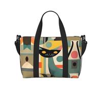 Mid-Century Modern Art Cat Print Tote Crossbody Travel Bag with Zip Casual Handbag for Weekend Trips and Gym Shopping
