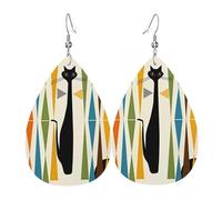 Mid-Century Modern Art Cat Printed Teardrop Pendant Leather Earrings | Lightweight and Versatile Earrings | Suitable for Daily Commute and Date Wear