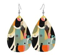 Mid-Century Modern Art Cat Teardrop shaped leather earrings, set of 2, 925 silver plated ear hooks, non-rusting, with ear plugs, suitable for parties, Valentine's Day, White, 11969