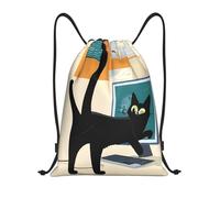 Mid-Century Modern Art Cat Title: Lightweight Drawstring Duffel Bag â€“ Water-Resistant Foldable Gym Sack with Adjustable Shoulder Strap, Ideal for Sports, Yoga, Travel and School