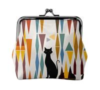 Mid-Century Modern Art Cat Women's Leather Kiss Lock Pouch – Stylish Small Zipper-Free Wallet for Coins, Cards, Makeup & Essentials – Compact & Lightweight Design for Daily Use, Travel & Gifting