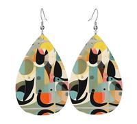 Mid-Century Modern Art Cat Women's Teardrop Leather Earrings, Hook 925 Silver Plated, Holiday Accessories