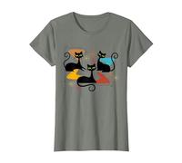 Mid-Century Modern Atomic Cats Space Age Retro Vintage 50s T-Shirt, Women, Olive Heather, Small