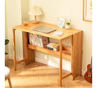Mid Century Modern Bamboo Folding Desk with Bookshelf | Space-Saving Small Work Desk for Home Office & Bedroom | Natural Finish Writing & Vanity Desk (40.55")