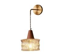 Mid Century Modern Brass Wall Sconce Walnut Wood Wall Light Fluted Glass Shade E14 Bedside Wall Lamp for Bedroom Study Living Room Lighting Fixture Nordic Vintage Decor Illumination