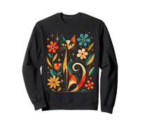 Mid Century Modern Cat Floral Botanical Retro Flowers Art Sweatshirt