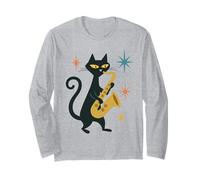 Mid Century Modern Cat Saxophone Retro Futuristic Long Sleeve T-Shirt
