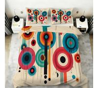 Mid Century Modern Duvet Cover Double, Abstract Circle Geometric Bedding Bed Set, Bohemian Vintage Psychedelic Quilt Covers 200X200cm Microfiber with Zipper, 2 Pillowcases