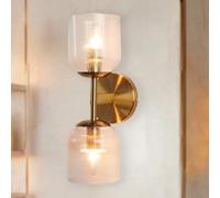 Mid-Century Modern Glass Double Sconce, Vanity Light with Clear Ribbed Glass Shade, Indoor Wall Mounted Art Decor Fixture for Bathroom, Entryway, Hallway,Bedroom, Liviroom, Kitchen/Brass/a
