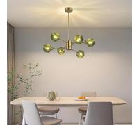 Mid Century Modern Gold Chandelier - Green Glass Hanging Lamp for Kitchen Island & Dining Room, Metal Sputnik Pendant Light Fixture with Spherical Shade for Living Room