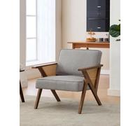 Mid-Century Modern Linen Accent Chair, Rattan Arm Upholstered Reading Armchair With Rubberwood Frame, Gray