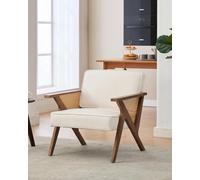 Mid-Century Modern Linen Accent Chair, Rattan Arm Upholstered Reading Armchair With Rubberwood Frame, Beige