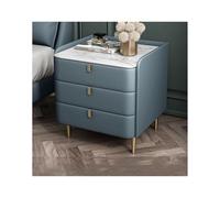 Mid-Century Modern Nightstand - Faux Leather & Marble Pattern Sintered Stone Top - Stylish 3-Drawer Wooden Bedroom Side Table Cabinet