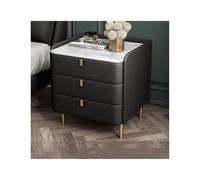 Mid-Century Modern Nightstand - Faux Leather & Marble Sintered Stone Top, 3-Drawer Wooden Bedroom Side Table, Stylish Storage Cabinet, Elegant Home Furniture