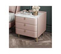 Mid-Century Modern Nightstand - Faux Leather & Marble Sintered Stone Top, 3 Drawer Wooden Bedside Cabinet, Stylish Side Table for Bedroom Storage & Decor