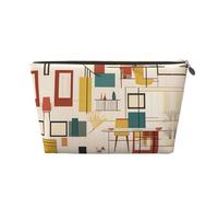 Mid Century Modern Pattern Women'S Cosmetic Bag Leather Handbag Portable Large Capacity Zipper Travel Bag Storage Bag, Gold, One Size