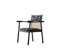 Mid-Century Modern Rattan Accent Chair - Upholstered Leaf Print Seat & Black Solid Wood Frame - Chic Comfy Armchair for Living Room & Home Office Decor