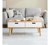 Mid Century Modern Rectangular Coffee Table with Storage Farmhouse 2 Drawers & Shelf Central Table Decoration for Living Room White 120x50cm