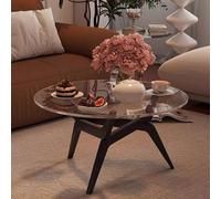 Mid Century Modern Round Coffee Table - Black Tempered Glass Top & Solid Wood Legs for Living Room Vintage Home Décor Dining Tea & Lounge Essentials