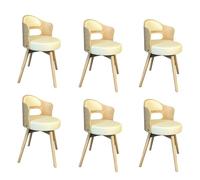 Mid Century Modern Round Dining Chairs Set of 6 Upholstered 360° Swivel Kitchen Chairs with Armrests Easy Clean Faux Leather Cushions & Vintage Solid Wood Legs Beige