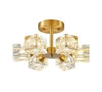 Mid Century Modern Semi Flush Mount Ceiling Light, Modern Brass Sputnik Chandelier Ceiling Light Fixture, Brushed Gold Crystal Close to Ceiling Lamp for Living Room Bedroom Kitchen Farmhouse, JYLSSK